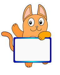 Cute, cartoon, ginger cat vector with a sign or banner with copy space for your content. Funny orange cat with a blank sign for your text or picture.	