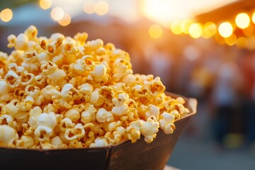 Freshly popped popcorn in a bowl at a vibrant outdoor event during sunset