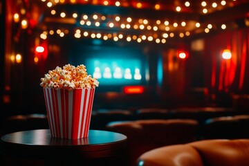 Freshly popped popcorn placed on a table in a cozy theater with dim lighting and glowing lights