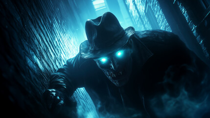 Chilling encounter with a ghostly figure in dark alley horror scene