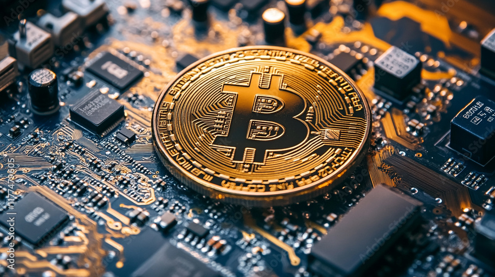 Poster cryptocurrency in focus with bitcoin coin resting on a circuit board