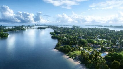 Fototapeta premium Serene landscape with lush greenery and calm waters under clouds.