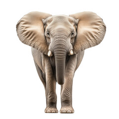 Obraz premium a realistic depiction of an elephant standing upright. showcasing its large ears. trunk. and tusks against a plain white background the majestic features of the elephant. highlighting its size and uni