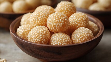 close up sesame tilgul in bowl for makar sankranti on light background
