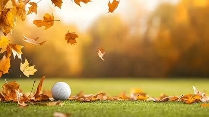 Golf ball on autumn golf course with falling leaves; idyllic fall scene; perfect for golf, autumn, or sports websites.