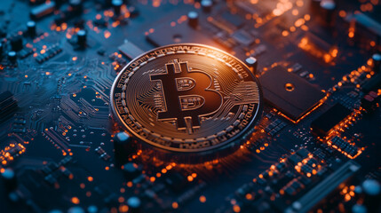 Golden bitcoin symbol on circuit board showcasing cryptocurrency technology and innovation