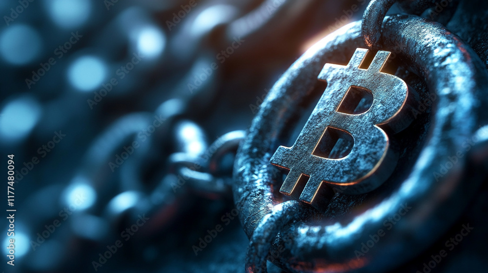 Poster detailed close-up of a bitcoin symbol on a metallic chain in a digital setting