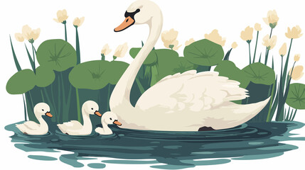 Graceful mother swan and baby cygnets swimming in serene pond