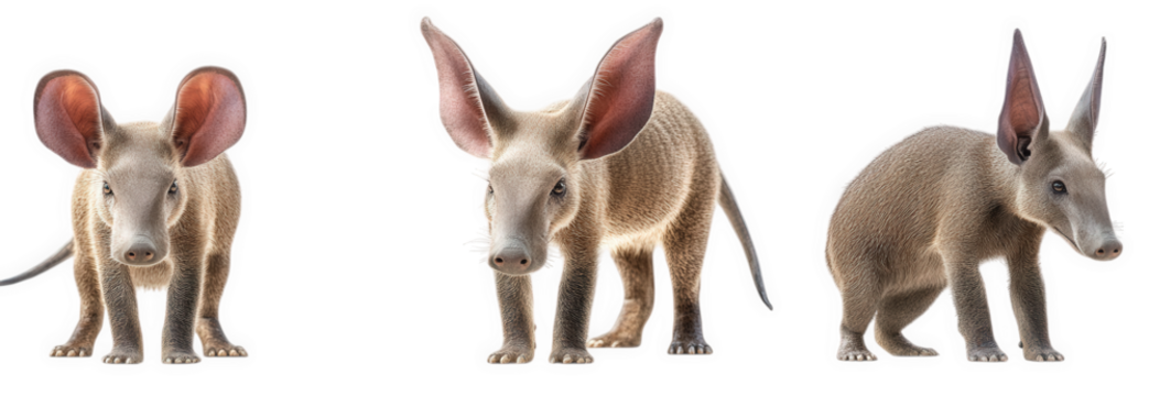 three stylized creatures resembling aardvarks. each with exaggerated. large ears and a smooth. cartoonish appearance the creatures are posed in various stances. showcasing their unique features and pl