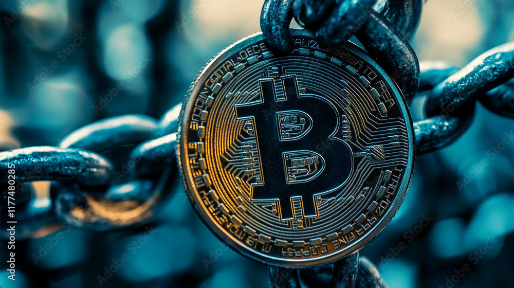 Aufkleber bitcoin secured on a chain symbolizing cryptocurrency security and value in the digital age