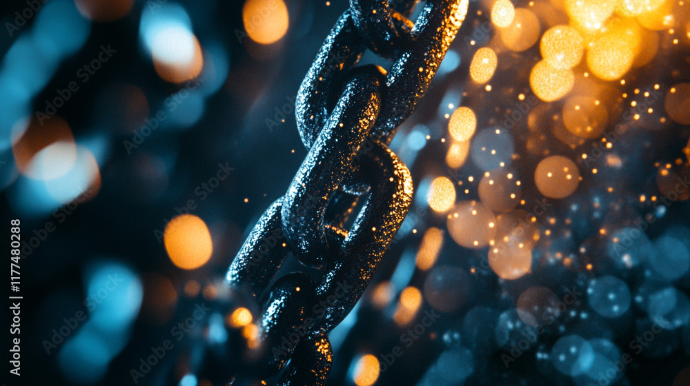 Poster close-up of a metallic chain with contrasting bokeh lights in a dark environment