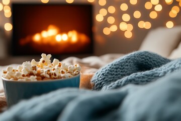 Cozy popcorn bowl on a soft blanket with warm lights in the background creating a relaxing atmosphere during the evening