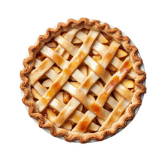 freshly baked apple pie with a golden-brown lattice crust. showcasing a delicious filling that is slightly visible through the gaps the pie is presented on a clean. white background. emphasizing its i