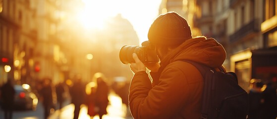 Naklejka premium Photographer Capturing City Sunrise