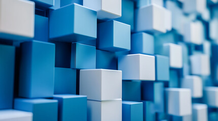 Abstract arrangement of blue and white cubes creating a textured wall design