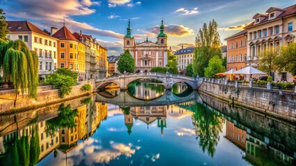 Fototapeta premium Ljubljana Triple Bridge, Slovenia: Iconic River Architecture, August 2019