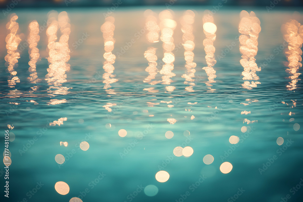 Poster serene teal water surface reflecting golden sunlight, creating a captivating bokeh effect. ideal for