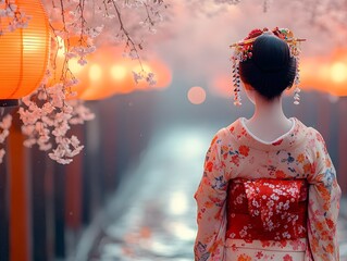Captivating Geisha Amid Cascading Cherry Blossoms in Warm Twilight Glow