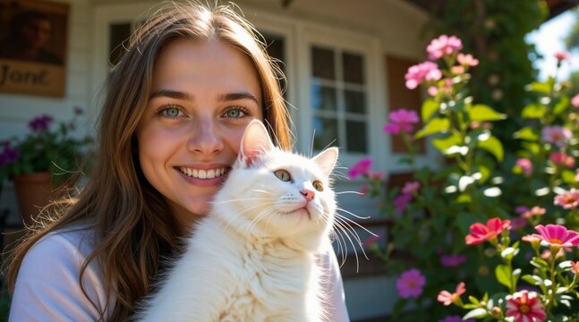 Smiling woman holding a fluffy white cat in a blooming garden, radiating joy and companionship
