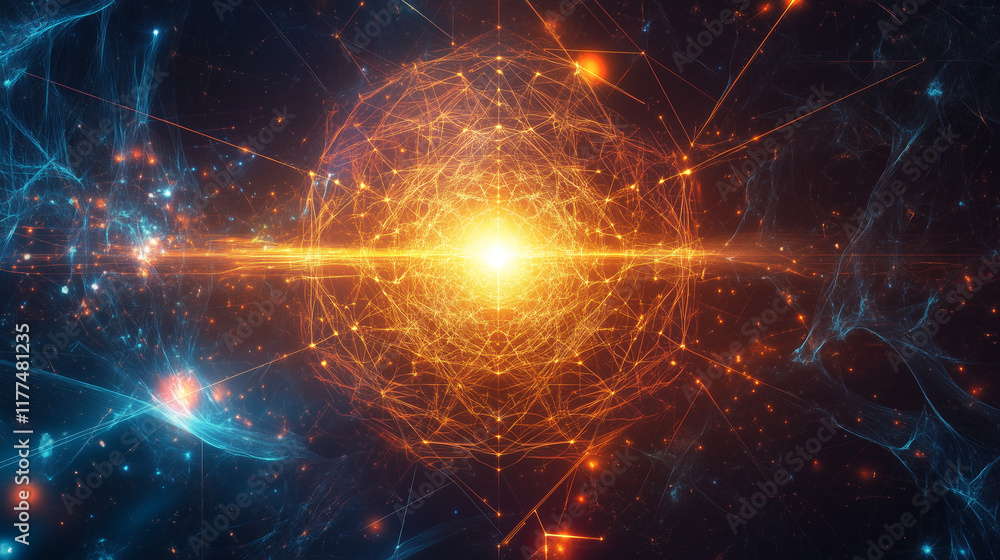 Poster geometric digital art with glowing lines and neon shapes representing energy flow and technological 