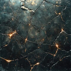 Cracked rock surface with glowing fissures, volcanic landscape background, potential texture use