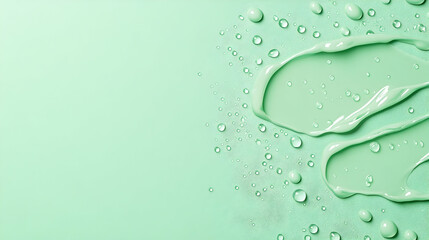 Green liquid drops and swirls on pastel background; beauty product texture; copy space.