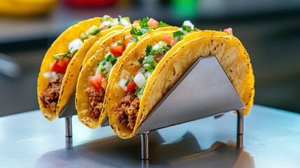 Colorful Tacos in a Stand Ready for Enjoyment at a Food Event