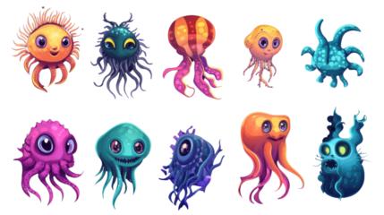 Cartoon set of cute sea animals including jellyfish, fish, owl, butterfly, and other creatures in a fun and colorful illustration