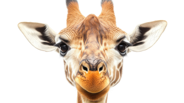 Close-up portrait of a giraffe head isolated on white background
