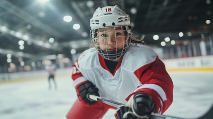 Close-up of player number 18 in red and white jersey during intense hockey match, showcasing determination and passion for championship victory.