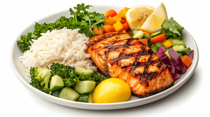 Grilled salmon with rice, vegetables, and lemon wedges on a white plate. Healthy meal for lunch or dinner.  Food photography for restaurant menus or recipe websites.