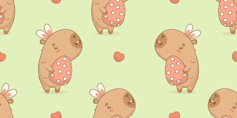 Easter Seamless pattern. Funny cute capybara in bunny ears with paschal egg on green background with heart. Holiday cartoon kawaii animal character. Horizontal Vector illustration. Kids collection