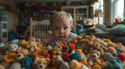 Fototapeta premium Joyful baby scaling a massive pile of toys in a home setting, standing tall, beautiful photography, Latin, cinematic lighting, hyperrealistic, hyperdetailed