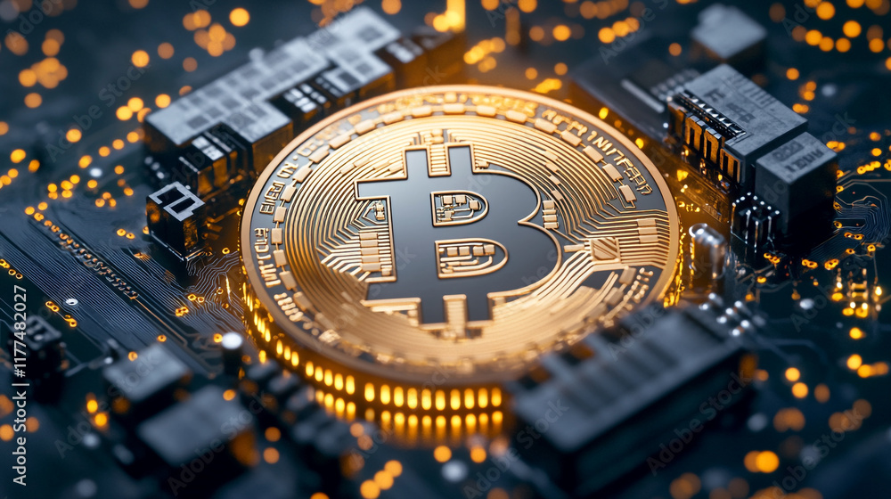 Poster digital currency represented by a gold bitcoin on a circuit board with glowing lights