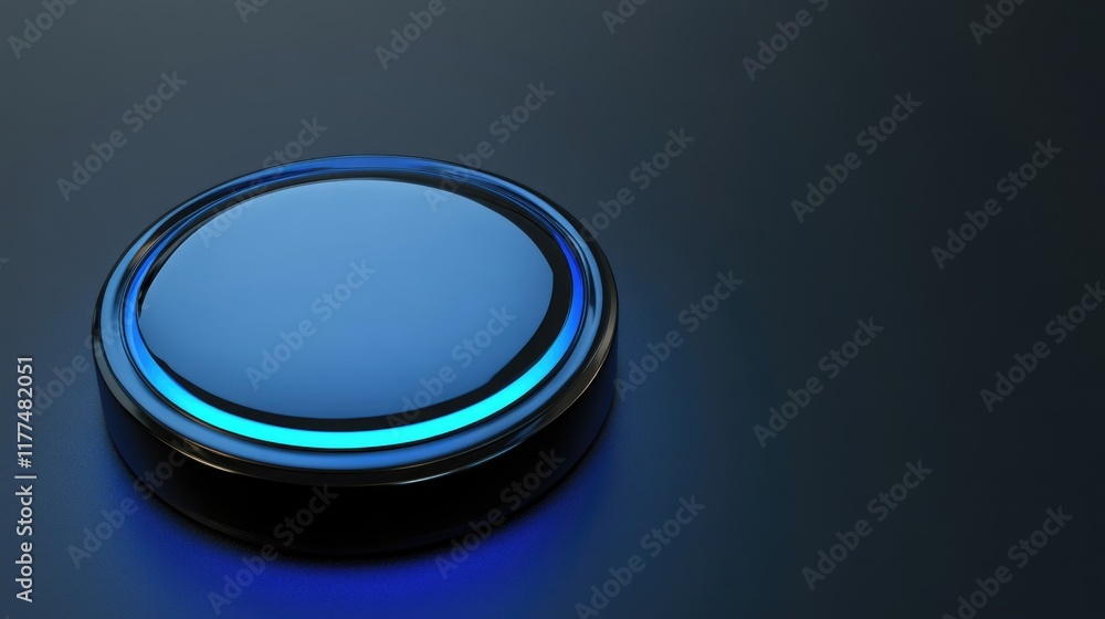 Poster glossy blue security button on a dark gradient background with ample copyspace for web media, emphas