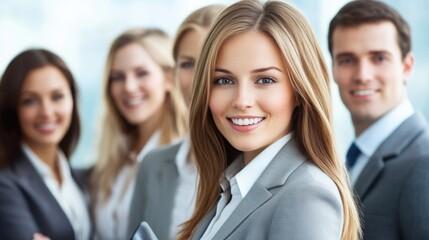 Professional businesswoman smiling in modern office setting with colleagues in background, showcasing digital tablet, light gray attire and bright corporate environment.