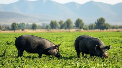 Pigs grazing in a green field, mountains in background.  Possible use Stock photo