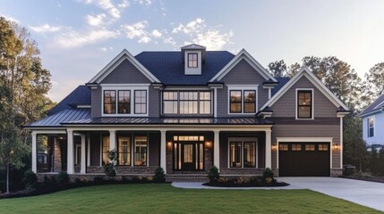 Modern Two-Story Gray House with Large Windows and Welcoming Front Porch Surrounded by Green Lawn and Trees in Bright Daylight