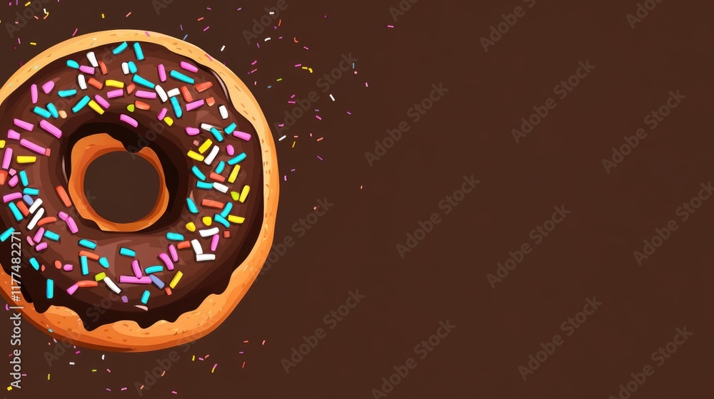 Poster chocolate donut adorned with vibrant multicolored sprinkles on a rich brown background with ample em