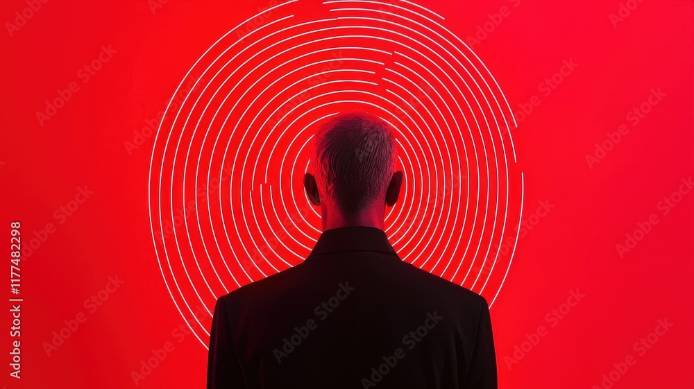 Poster a person stands silhouetted against a vibrant red background, featuring concentric circular patterns