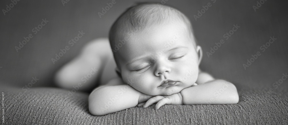 Poster close-up of a peacefully sleeping baby on a soft textured surface in monochrome with ample copyspace