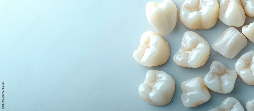 Aufkleber close-up of pristine white baby teeth arranged on a soft blue gradient background with ample empty s