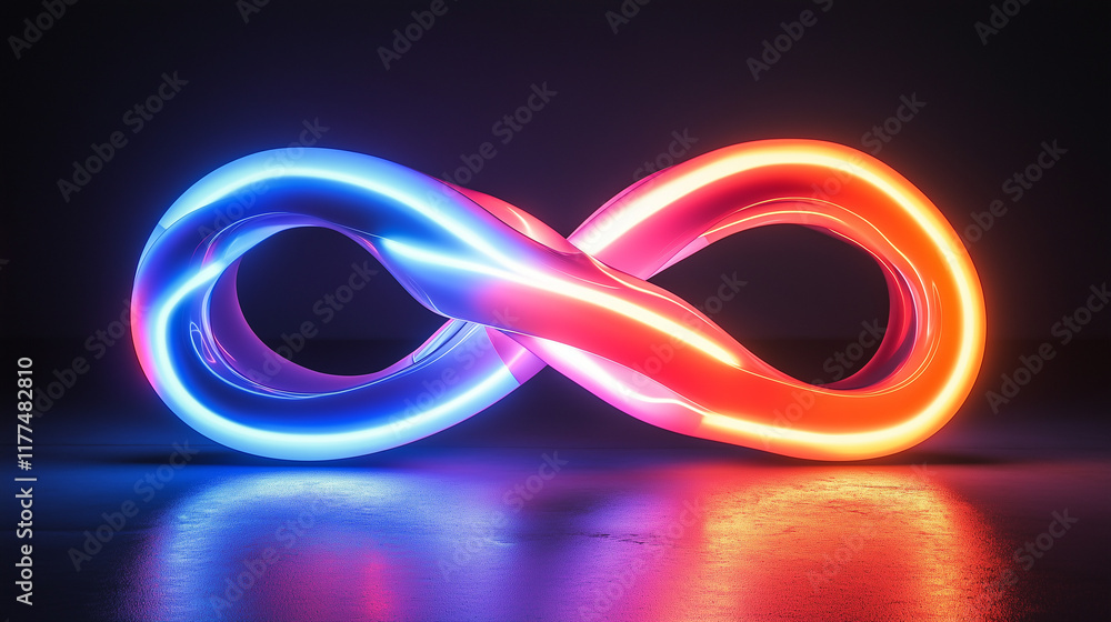 Poster geometric shapes in an endless loop, illuminated by neon lights, representing infinite creativity an