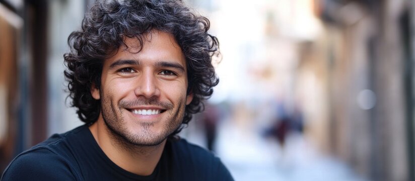 Smiling curly-haired man working on laptop outdoors in urban street setting, showcasing technology and freelance lifestyle with vibrant surroundings - Powered by Adobe