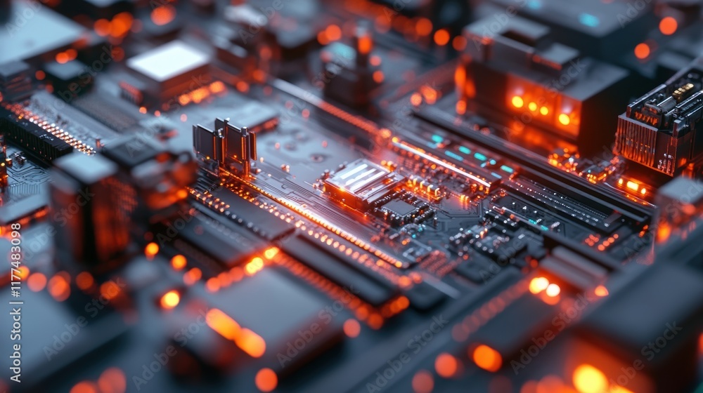 Poster close up view of a computer circuit board featuring integrated circuits, transistors, and capacitors