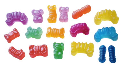 Colorful watercolor splashes with red, yellow, and green strokes in the shape of sweet gummy hearts and candy symbols, evoking love and playfulness