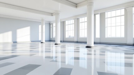 Fototapeta premium Spacious interior with polished floors and large windows.