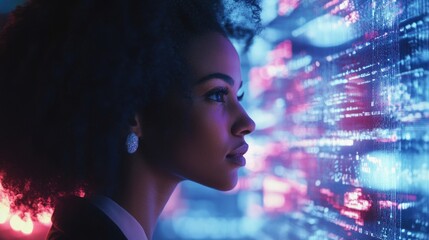 Diverse businesswoman with curly hair gazing at vibrant blue and pink digital data stream, symbolizing innovation and technology in modern marketing strategies.