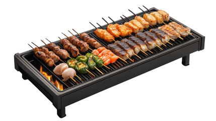 Grilled meat on the barbecue with skewers and fire