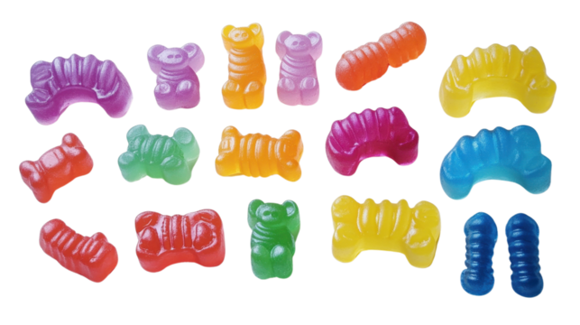 Colorful watercolor splashes with red, yellow, and green strokes in the shape of sweet gummy hearts and candy symbols, evoking love and playfulness